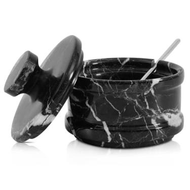 Imagem de Radicaln Saleiro de mármore com tampa, caixa de sal zebra preta de 8,89 cm, recipiente de temperos e potes de especiarias, suporte de sal de pedra para balcão, pote de especiarias