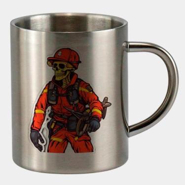 Imagem de Caneca de Inox Premium Prateada 400ml CAVEIRA DOURADA BOMBEIRO - Criat