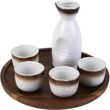 Imagem de Conjunto De Saquê Japonês Garrafa De Saquê De Cerâmica E Copos De Saquê Com Bandeja De Madeira Para Casa Ou Restaurante, Oval Tray Small 1 Pot 4 Cups (Ink Rhyme)