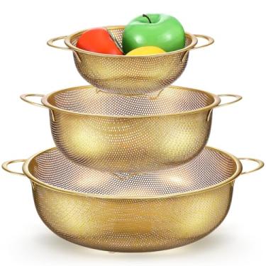 Imagem de Baderke 3 peças de coador de metal dourado de aço inoxidável com alça de macarrão escorredor dourado para cozinha, drenagem, macarrão, enxágue legumes, arroz, alimentos, 3 tamanhos (1-3-5 litros