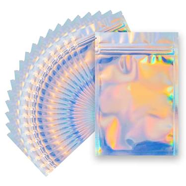 Imagem de 100 peças de sacos à prova de cheiros abre-fecháveis – Sacos de alumínio, sacos de armazenamento de alimentos Ziplock transparentes planos para armazenamento de alimentos de alumínio Mylar para lembrancinhas de festa (cor holográfica, 7,6 x 10 cm)