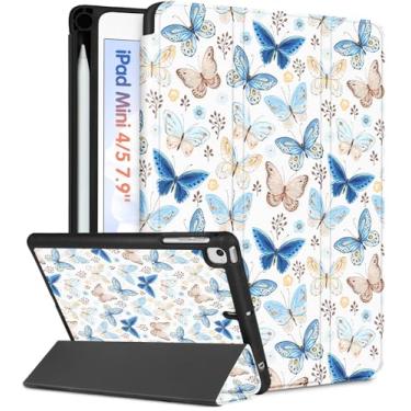 Imagem de Wazzasoft Capa para iPad Mini 4/5, para iPad Mini 5ª/4ª Geração, Capas Femininas Bonitas Meninas Fofólio Capa Borboleta Girly Kawaii Adolescentes Estética com Suporte de Lápis para Apple iPad 5/4 Mini Capa 7,9 polegadas