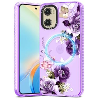 Imagem de Toycamp Capa para Moto G Stylus 5G 2024 - Compatível com MagSafe Women Girls Cute Phone Cover Magnetic com proteção à prova de choque feminina designer Funda para Motorola G Stylus 5G 2024, flor roxa