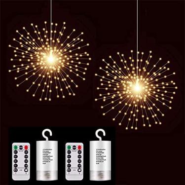 Imagem de Pacote com 2 lâmpadas de esfera Starburst PXB, 200 lâmpadas de LED de fogo, 8 modos de controle remoto regulável, à prova d'água, luz de fada, luzes de fio de cobre para festas no pátio, Natal (pacote com 2 baterias)