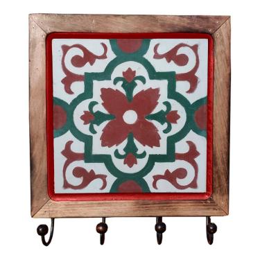 Imagem de Cabideiro Em Madeira Com Ladrilho Hidráulico Porta Chaves Roupas Bolsas Ladrilho A3