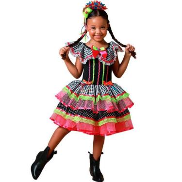 Imagem de Vestido de Festa Junina Infantil pra Menina Xadrez Preto de Luxo Neon 