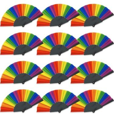 Imagem de Temogole Pacote Com 12 Leques Dobráveis Arco-Íris, Decoração Para Orgulho Gay E Lésbico, Casamento Lgbt, Acessórios Desfile Do Mês, Lembrancinhas Mulheres Homens, Vertical Preto