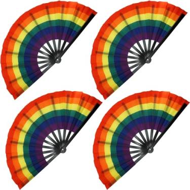 Imagem de Temogole Pacote Com 4 Grandes Leques De Arco-Íris Para Fãs Do Orgulho, Festival Mês Gay, Grande, Dobrável, Camarada, Decorações Lgbtq, Rave Verão Mulheres E Homens, Preto