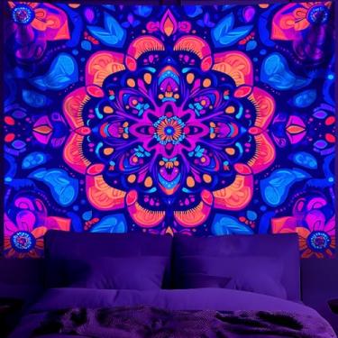 Imagem de BVBOX Tapeçaria de mandala de luz negra tapeçaria UV reativa riacho pendurado arte de parede neon paisagem brilhante no escuro pôster de festa para quarto, sala de estar (tipo 2, 200.7 cm x 149.9 cm