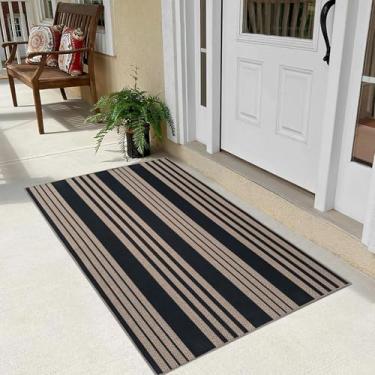 Imagem de USTIDE Tapete de entrada listrado Easy Jute, 78,7 x 119,4 cm, lavável, antiderrapante, para ambientes internos e externos, 80 x 120 cm, tapete de cozinha moderno com listras pretas clássicas para