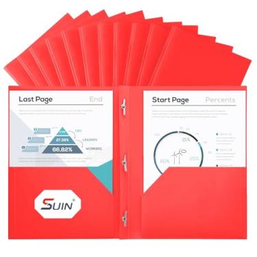 Imagem de SUIN Pastas de plástico para projetos com 2 bolsos e 3 pinos, pacote a granel para documentos tamanho carta dos EUA, ideal para escola e escritório, cores pastel sortidas (vermelho)