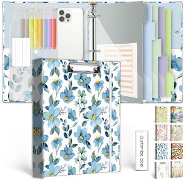 Imagem de Organizador de fichário de 3 anéis, 2,5 cm, fichários KLLVE com três anéis com prancheta, divisórias de bolsos de 5 abas, pasta de plástico, 18 divisórias stikers, laço para caneta (flora azul