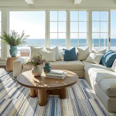 Imagem de jinchan Tapete geométrico lavável à máquina 20 x 25 cm, antiderrapante, ultrafino, abstrato, contemporâneo, grande, moderno, listrado, tapete para sala de estar, quarto, sala de jantar, azul