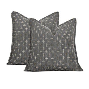 Imagem de Vfuty Capas de almofada de textura vintage 50 x 50 cm fronha rústica com borda de flange para sofá cama, cinza escuro (somente capa, pacote com 2)