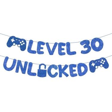 Imagem de Fulmoon Banner pré-amarrado nível 30 desbloqueado glitter decorações de festa de 30 anos engraçado 30 anos placa de festa para homem mulher interior exterior (azul marinho)