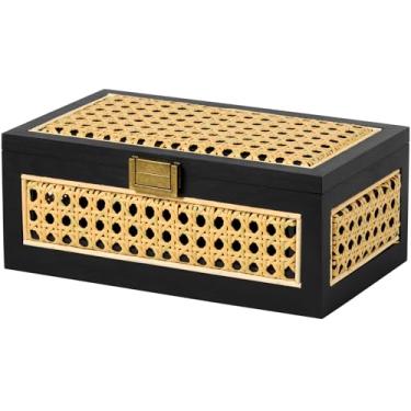 Imagem de VinneGenzz Caixas de armazenamento de vime cestas decorativas de madeira natural feitas à mão com tampa moldura de madeira boho rústica caixa de vime empilhável caixotes de cana de tecido prateleira