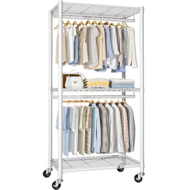 Imagem de Armário portátil FUTASSI P1 médio, 76 cm L x 35 cm P x 193 cm A, suporte para roupas com rodinhas de metal, branco
