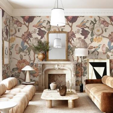 Imagem de Mural de parede floral Peel and Stick 365.8 cm L x 254.0 cm H Off-White Flower Fabric Material Wallpaper for Bedroom TV Background Vintage Wallpaper Large Floral Wall Murals Art Deco