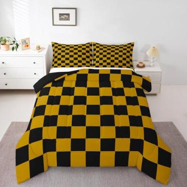 Imagem de Feelyou Jogo de cama quadriculado para adolescentes e homens, amarelo, preto, xadrez, tamanho solteiro, retrô, neutro, quadriculado, geométrico, vintage, decoração de quarto