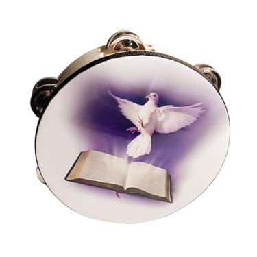 Imagem de MERIGLARE Pandeiro portátil de madeira, pandeiro de fileira dupla, sino de pandeiro de 10 polega para orar, Branco