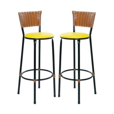Imagem de Kit 2 Banquetas Cadeiras Altas Bistrô Encosto em Junco Imbuia Para Bancadas, Cozinhas e Áreas externas (AMARELO)