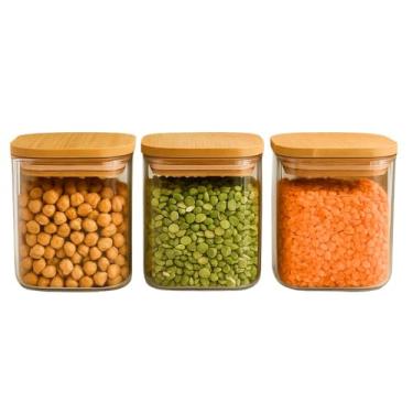 Imagem de Kit Pote Hermético Vidro Borossilicato Quadrado com Tampa Bambu 630ml 3pçs