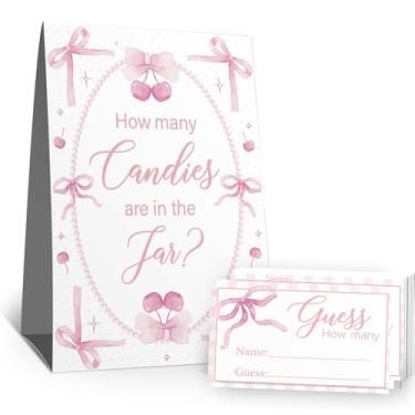 Imagem de Placa Guess How Many Candies (1 placa de pé - 50 cartões de adivinhação) Kit de cartões de atividades com tema de arco rosa para chás de bebê, festas de recém-nascidos, chá de panela, noivado, chá de