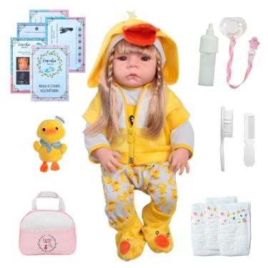 Imagem de Boneca Bebê Reborn Menina Loira Patinho Pelúcia Kit Itens