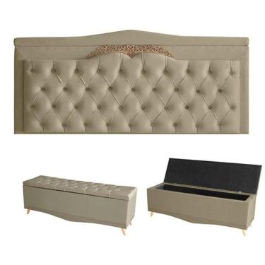 Imagem de Kit Barcelona Cabeceira De Cama Painel E Calçadeira Baú King 195 Cm Suede Bege Do Lar Móveis E Decoração
