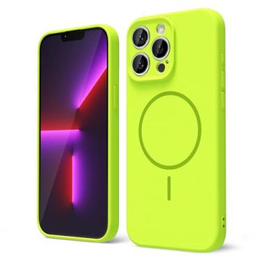 Imagem de oakxco Capa de silicone para iPhone 13 Pro, capa magnética fina e fina compatível com Magsafe, capa de segurança de borracha fluorescente brilhante feminina com capa de câmera, verde neon limão