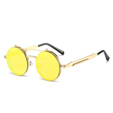 Imagem de Óculos de sol Steampunk Flip Retro Redondo Armação de Metal Dupla Trave (Ouro Amarelo)
