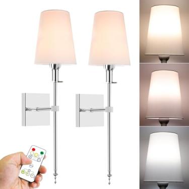Imagem de TOOTOO STAR Lâmpada de parede operada por bateria, sem fiação de sombra branca conjunto de 2 lâmpadas com controle remoto regulável, fácil de instalar, adequado para quarto, penteadeira, banheiro