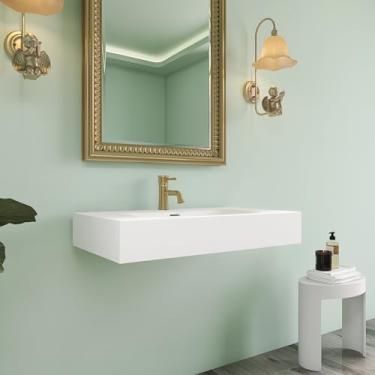 Imagem de HIGEINE Pia de banheiro premium para montagem na parede - pia de vaso de vaidade de superfície sólida de resina de pedra branca fosca, design contemporâneo pendurado na parede ou bancada, bacia