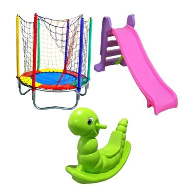 Imagem de Kit Infantil Cama Elástica 1,40m Escorregador Médio Gangorra Minhoca