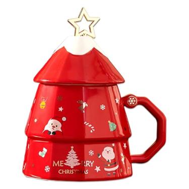 Imagem de J.Ehonace Caneca de café de cerâmica de árvore de Natal com tampa e colher, design de feriado grande com boneco de neve e decorações festivas, verde (vermelho)