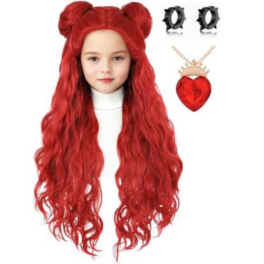 Imagem de Peruca de fantasia AMZCOS Kids Red com pãezinhos, colar e brincos