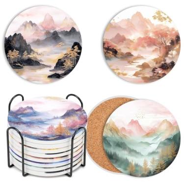 Imagem de RETON Pacote com 8 porta-copos de mármore de cerâmica com suporte, porta-copos redondos absorventes para bebidas, porta-copos de bar de proteção de mesa com 4 padrões para mesa de centro, mesa