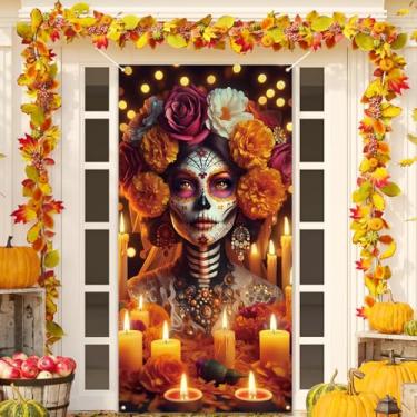Imagem de Dia De Los Muertos Capa de Porta Dia dos Mortos Banner Caveira de Açúcar Altar Festa Mexicana Decorações e Suprimentos para Casa