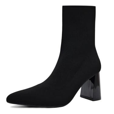 Imagem de SICARE Botas De Cano Curto Femininas Malha, Salto Grosso Chelsea, Elásticas E Respiráveis, Confortáveis, Sem Cadarço, Para Outono Inverno 2024, Na Moda, Pretas, Tamanho 6,5