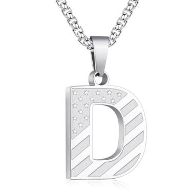 Imagem de Zocomi Colar com pingente de inicial da bandeira americana para homens e meninos, corrente de aço inoxidável 316L A-Z caixa de letras 50 + 5 cm joias presentes, Aço inoxidável, Sem Pedra Preciosa