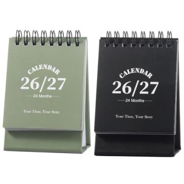 Imagem de Calendário de mesa 2026-2027, calendário de 2 anos de janeiro de 2026 a dezembro de 2027, agenda mensal de mesa com adesivos para casa, escritório, organização escolar (P - preto + verde, 7,6 cm x