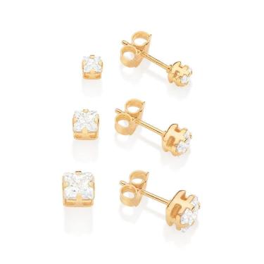 Imagem de Brinco rommanel kit 3 furos solitários folheados a ouro