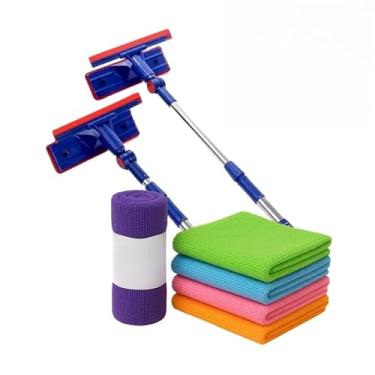 Imagem de Rodo Mágico 2 em 1 Limpa Vidros e Janelas com Esponja para Canto Cabo Extensível kit completo 5 panos microfibras e rodo(1 RODO MAGICO + 5 PANOS)