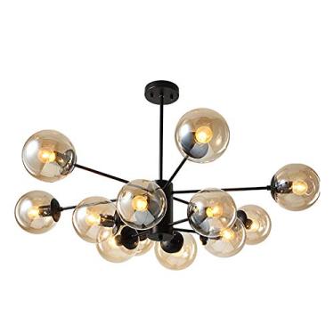 Imagem de Lustre de vidro esférico preto moderno de meados do século, 6 cabeças, luminária de teto semi-embutida para sala de jantar, sala de estar, quarto, acabamento preto fosco elegante com abajure