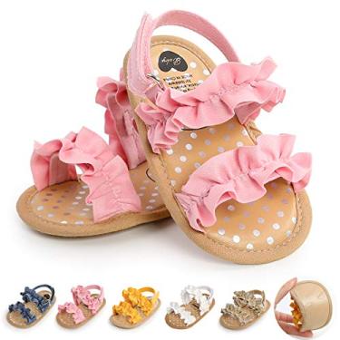 Imagem de Ohwawadi Sandálias para bebês meninos meninas sola macia verão vestido de casamento sapatos rasos sandália praia recém-nascido berço sapatos primeiros andadores, A10/Rosa, 6-12 Meses