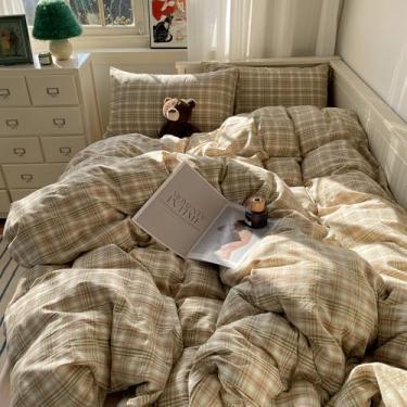 Imagem de mixinni Jogo de cama Queen, xadrez de búfalo verde, 3 peças, estampa geométrica vintage, edredom leve e fofo, macio e respirável, conjunto de cama para todas as estações, (verde, rosa, branco)