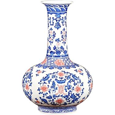 Imagem de LIFOND Vaso de flores vaso de cerâmica chinês retrô pintado à mão azul e branco vaso de porcelana grande 33,4 cm para decoração de mesa vaso de flores com base vaso de flores decoração de mesa (A)