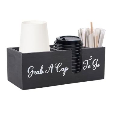 Imagem de HJJWNDDNG Suporte de xícara de café para bancada, 3 compartimentos, acessórios e organizador de café de madeira, caixa de armazenamento multifuncional para saquinho de chá, copo misturador de açúcar