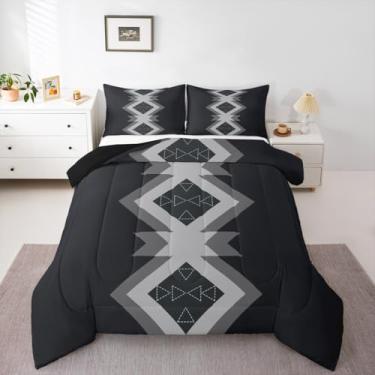 Imagem de Feelyou Conjunto de cama asteca preto e cinza, macio para meninos e meninas, conjunto de edredom de tamanho casal, estilo boêmio, edredom de microfibra, boêmio, 3 peças com 2 fronhas