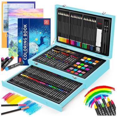 Imagem de Kit Lápis de Cor Profissional com Maleta de Madeira 150 peças Tintas Acrílicas, Aquarela, IBAYAM, Azul